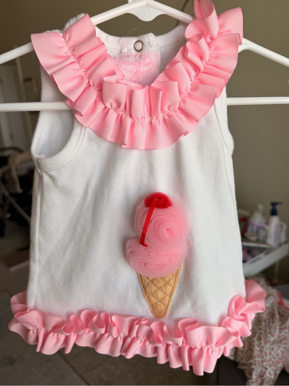Mud Pie White Tank with Pink Ruffle Ice Cream Appliqué